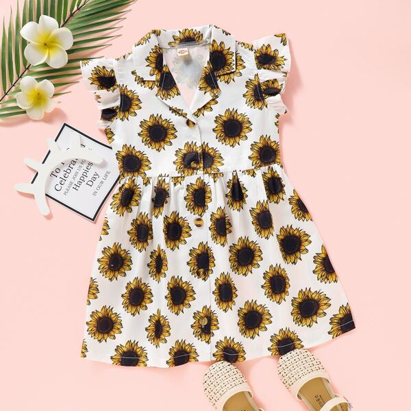 

Toddler Girls Sunflower Lapel Ruffle Trim Shirt Dress, Multicolor