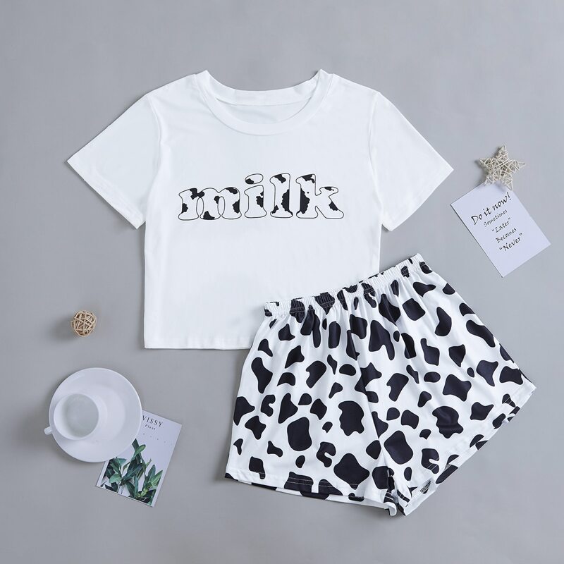 

Letter And Cow Print Pajama Set, Black and white