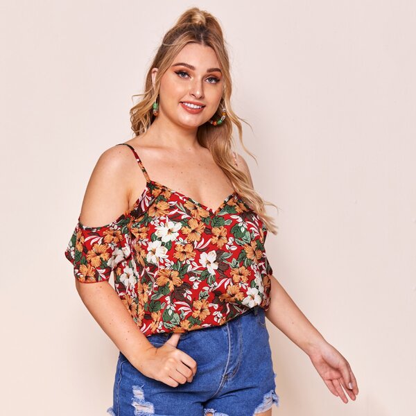 

Plus Cold Shoulder Allover Floral Print Top, Multicolor