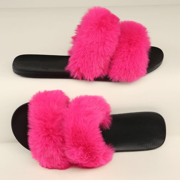 

Two Straps Open Toe Fuzzy Fake Fur Slip On Sandals, Hot pink