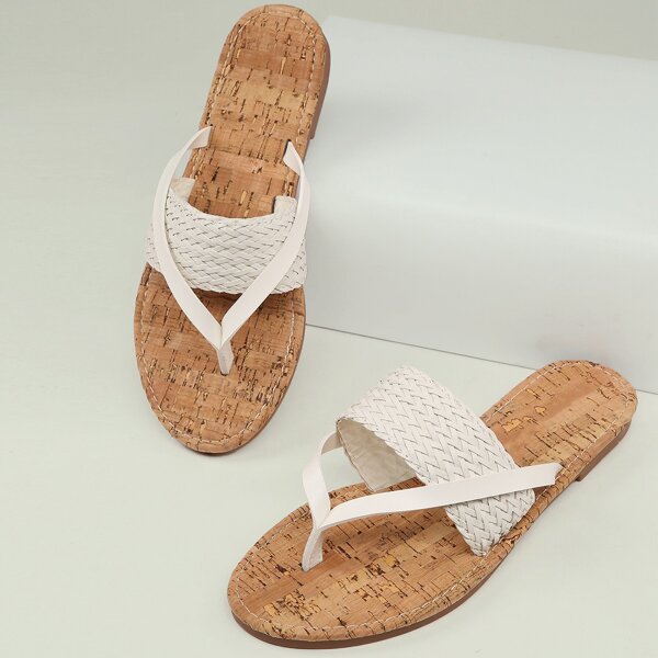

Woven Band Cork Sole Flat Thong Sandals, White