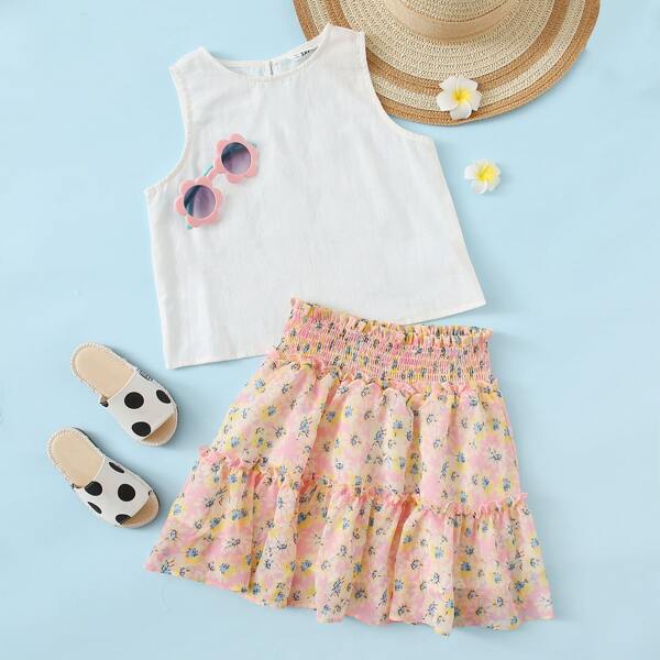 

Girls Sleeveless Top & Shirred Waistband Frill Trim Floral Skirt Set, Multicolor