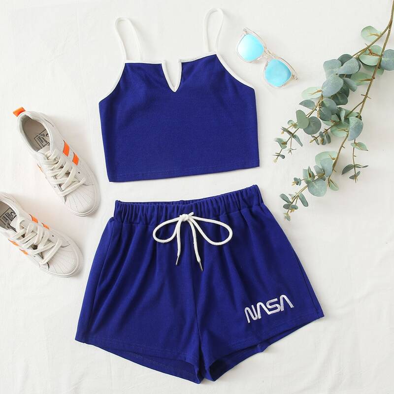 

Ringer Cami & Letter Embroidery Shorts, Royal blue