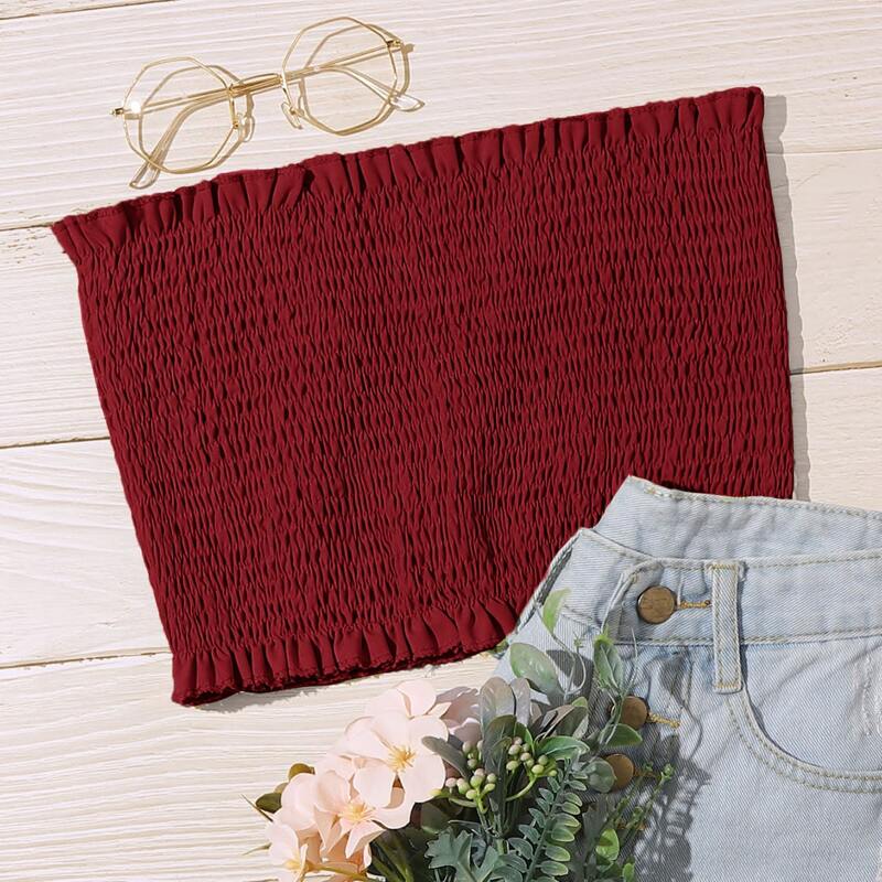 

Solid Shirred Crop Tube Top, Burgundy