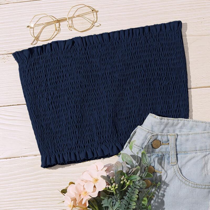 

Solid Shirred Crop Tube Top, Navy blue