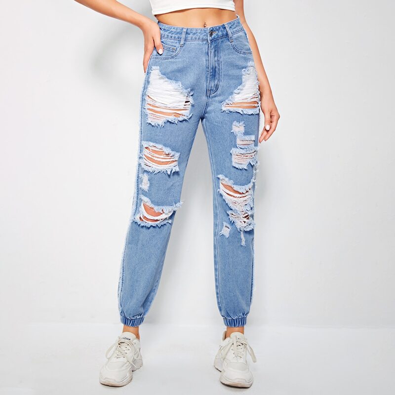 

High Waisted Ripped Jogger Jeans, Medium wash