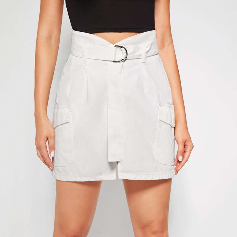 

Pocket Patched Belted Denim Skirt, White