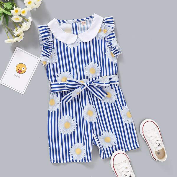 

Toddler Girls Striped Flower Print Belted Romper, Blue
