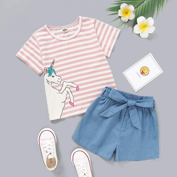 

Toddler Girls Cartoon Graphic Striped Tee & Self Tie Shorts, Multicolor
