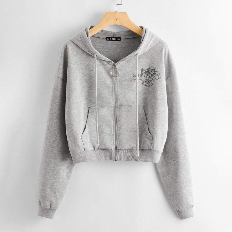 

Angel and Letter Print Zipper Up Hooded Pullover, Grey
