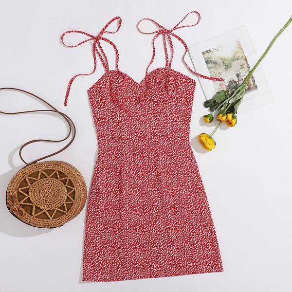 

Tie Shoulder Ruched Bust Allover Print Cami Dress, Red