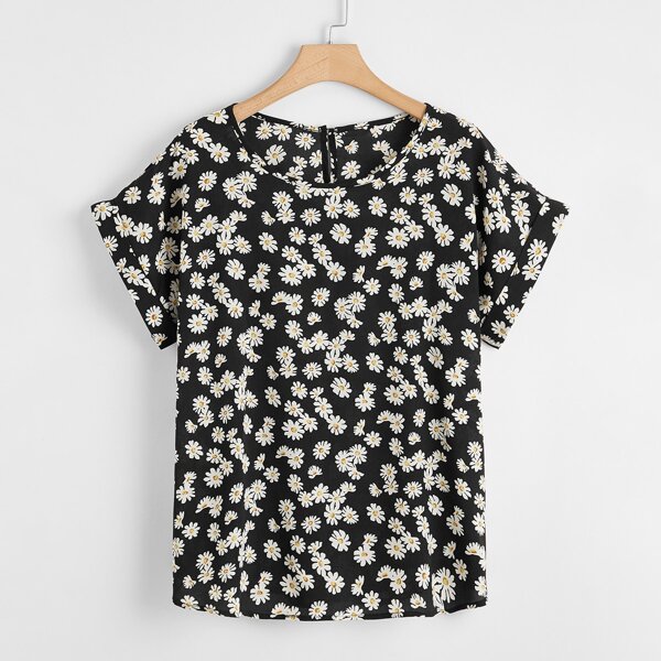 

Plus Floral Print Keyhole Back Blouse, Black