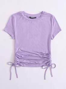 SHEIN EZwear Drawstring Side Solid Tee - Lilac Purple - View 4