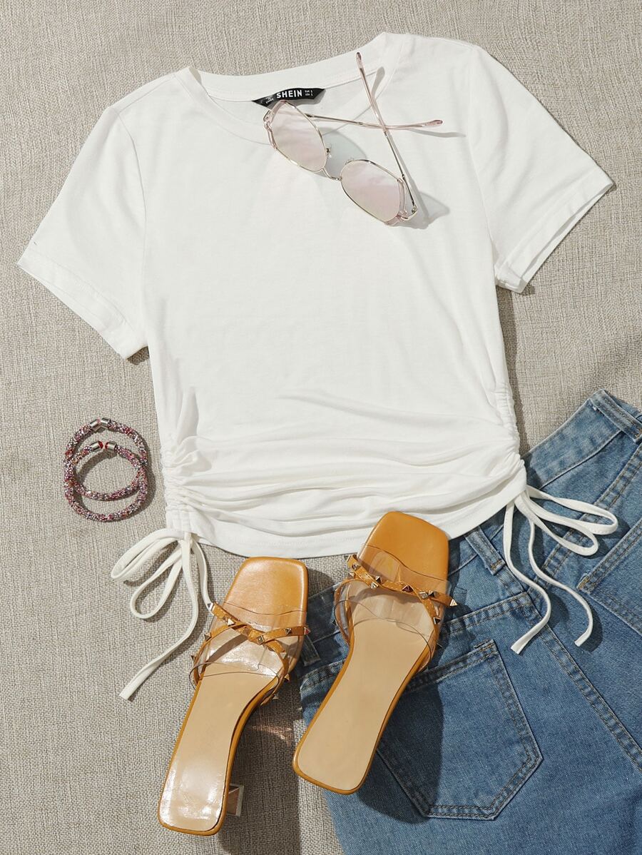 SHEIN EZwear Drawstring Side Solid Tee - White - View 1