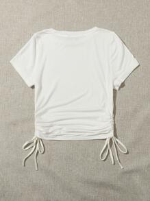 SHEIN EZwear Drawstring Side Solid Tee - White - View 2