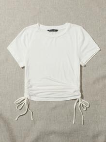 SHEIN EZwear Drawstring Side Solid Tee - White - View 3