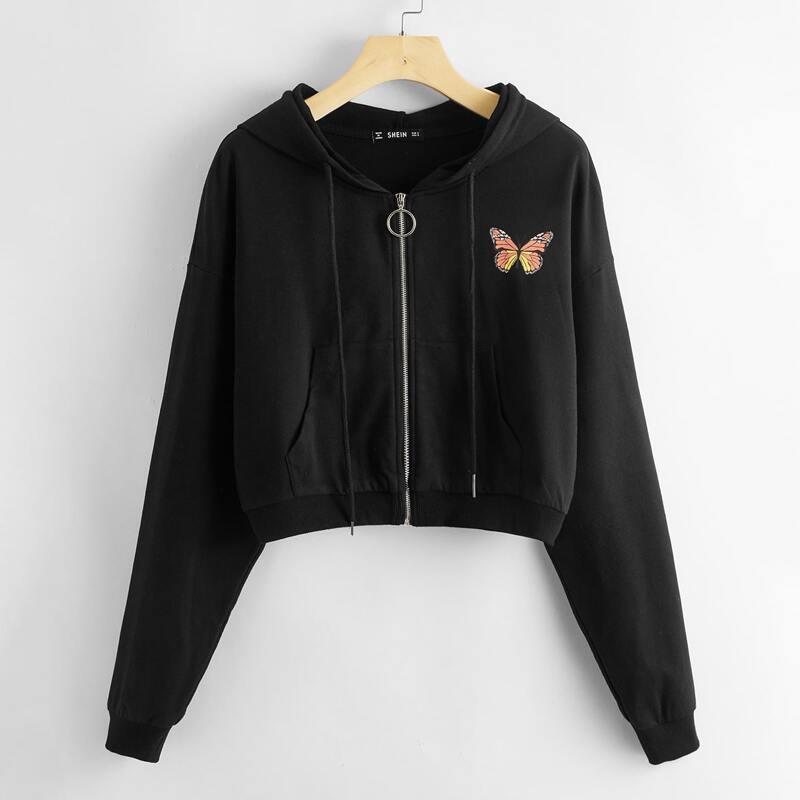

Butterfly Print Zipper Up Hooded Crop Pullover, Black