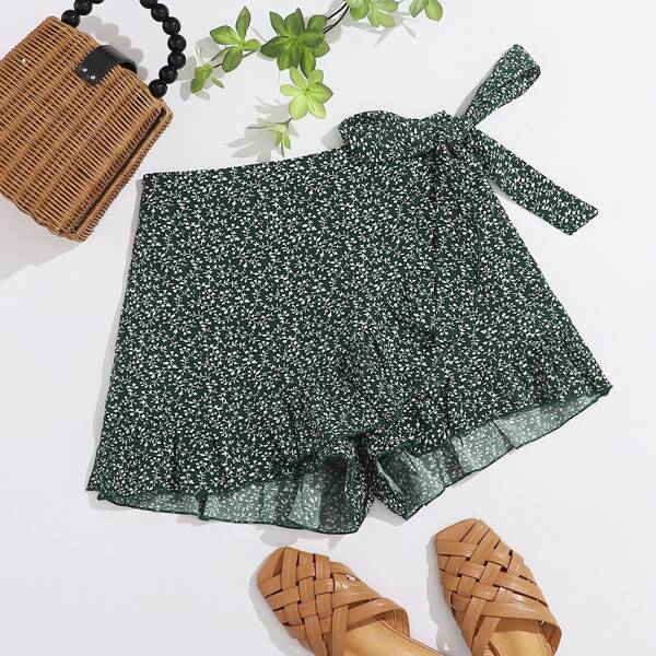 

Ruffle Trim Wrap Tie Side Ditsy Floral Skort, Dark green