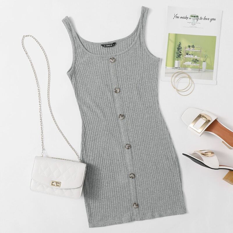 

Single Breasted Rib-knit Bodycon Dress, Light grey