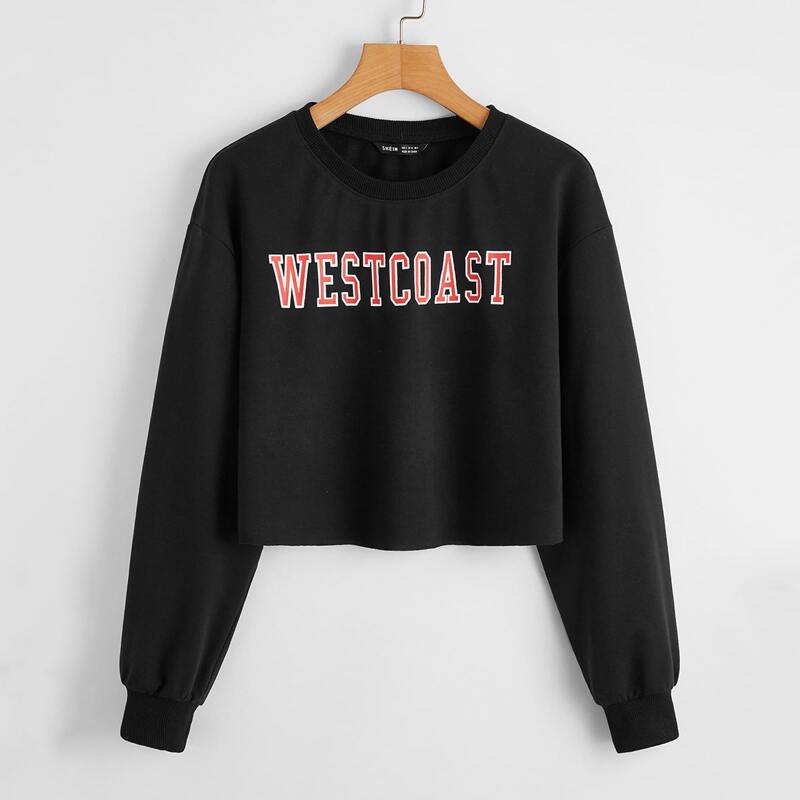 

Letter Graphic Drop Shoulder Crop Pullover, Black