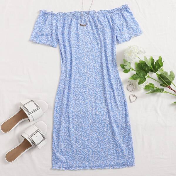 

Off Shoulder Lettuce Trim Bodycon Dress, Baby blue
