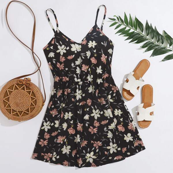 

V Neck Floral Print Cami Dress, Black