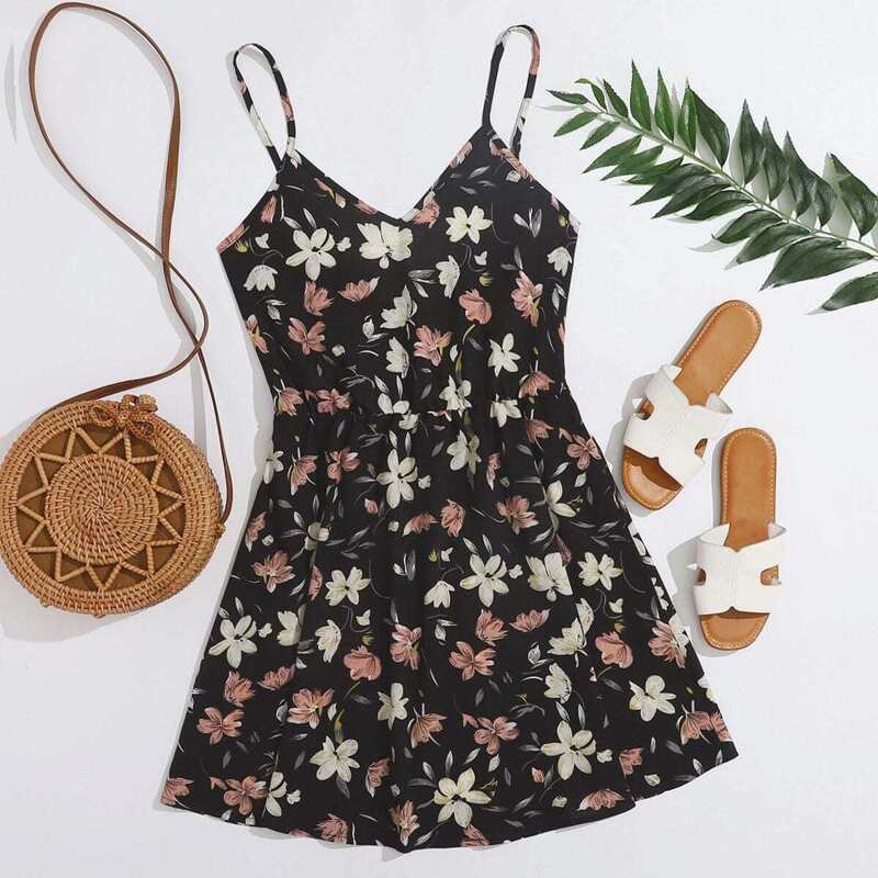

V Neck Floral Print Cami Dress, Black