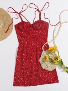 Soleia Vestido de tirantes floral de margarita de pecho fruncido de hombros con cordón