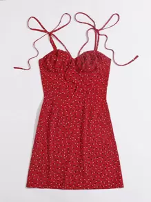 Soleia Vestido de tirantes floral de margarita de pecho fruncido de hombros con cordón