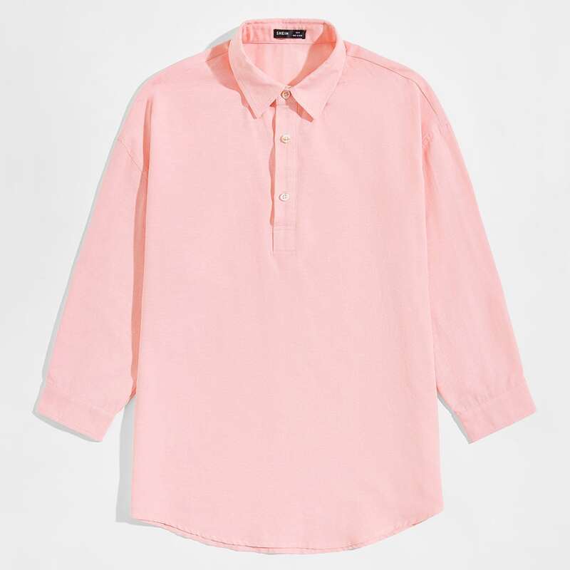 

Men Buttoned Half Placket Drop Shoulder Shirt, Pastel coral pink