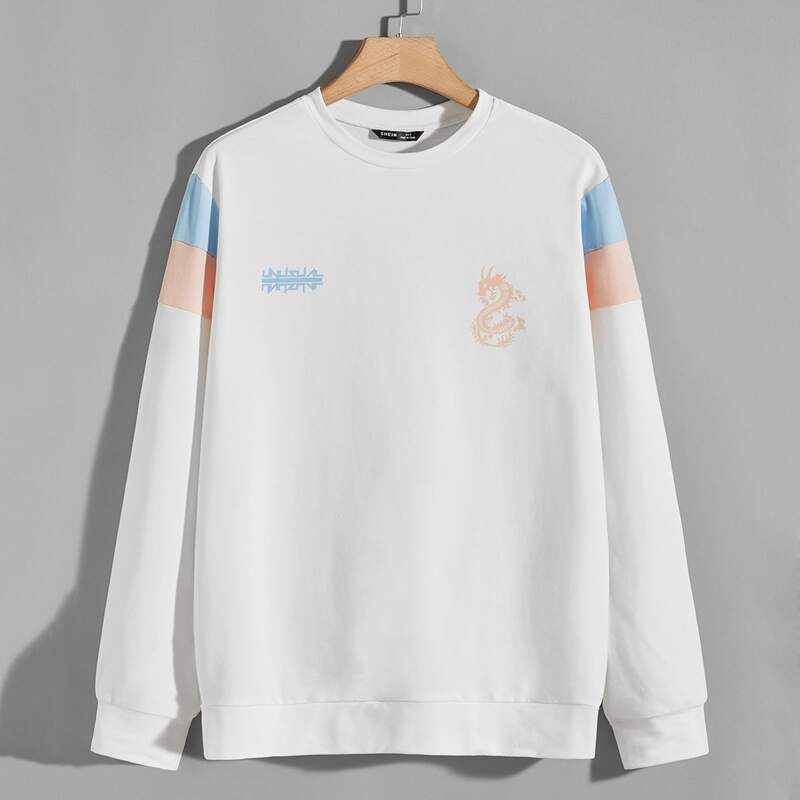 

Guys Dragon Print Colorblock Sleeve Pullover, White