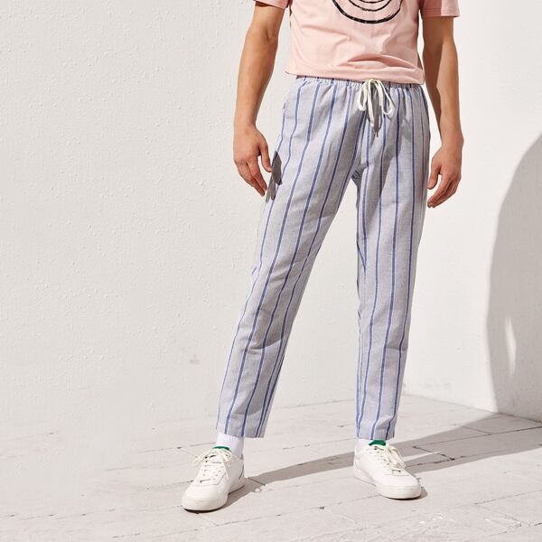 

Men Drawstring Waist Striped Pants, Light grey