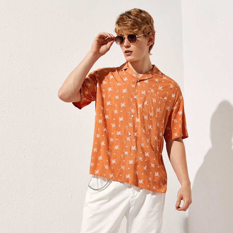 

Guys Notch Collar Patch Pocket Floral Shirt, Orange bright