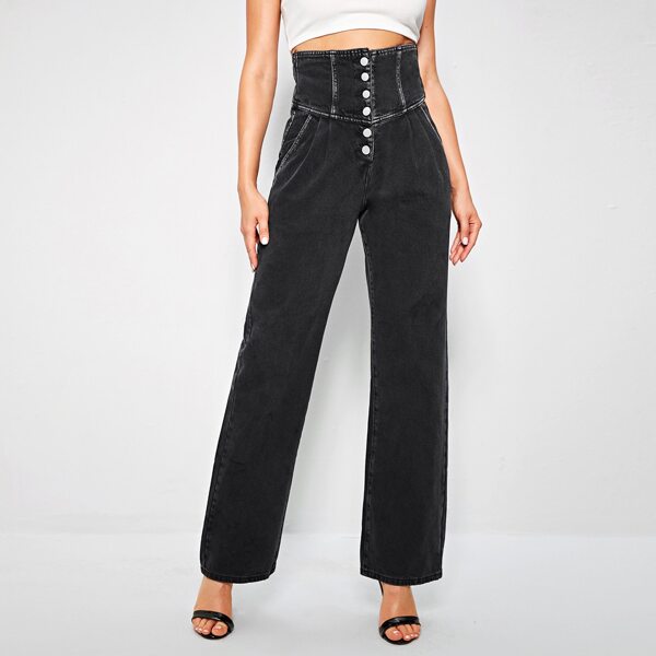 

High Waist Button Fly Straight Leg Jeans, Black