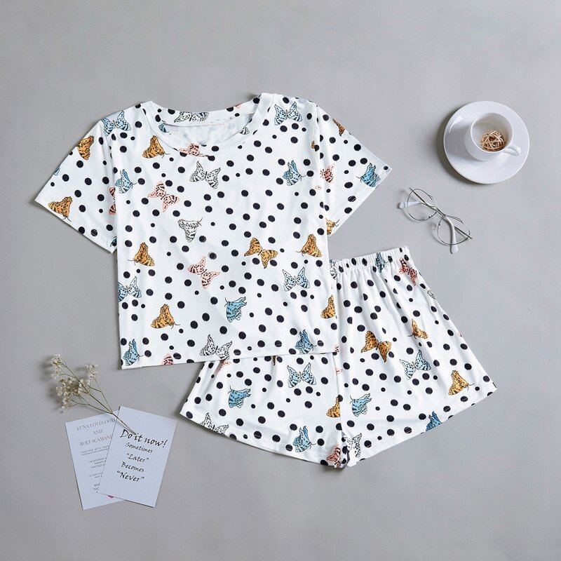 

Butterfly & Polka Dot Print PJ Set, White