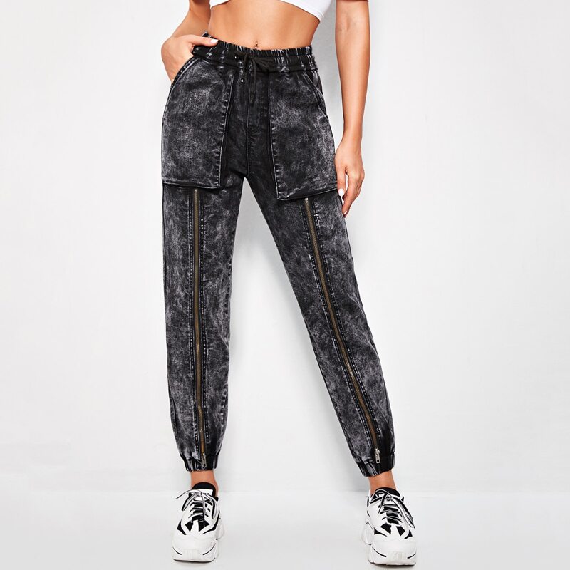 

Drawstring Waist Zip Front Slant Pocket Jeans, Black