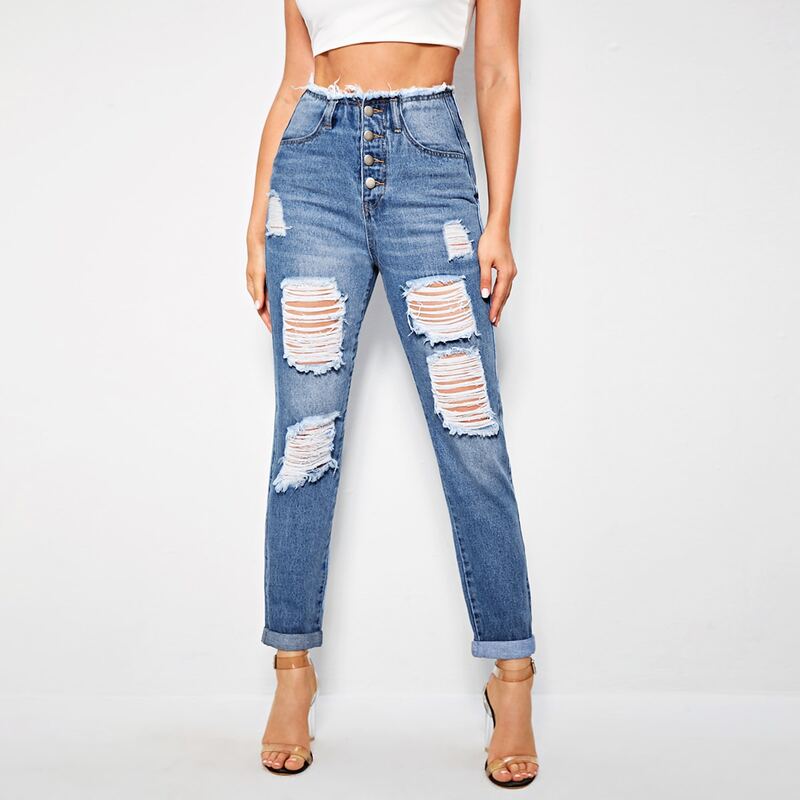 

Button Fly Ripped Roll Hem Jeans Without Belt, Medium wash
