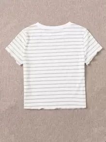 SHEIN EZwear Lettuce Trim Striped Tee - White - View 2