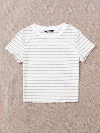 SHEIN EZwear 生菜花边条纹 T 恤