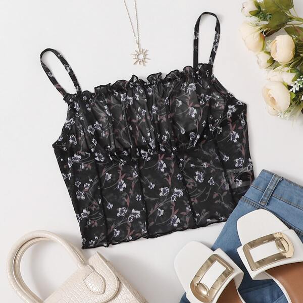 

Ruched Bust Seam Front Floral Mesh Cami Top, Black