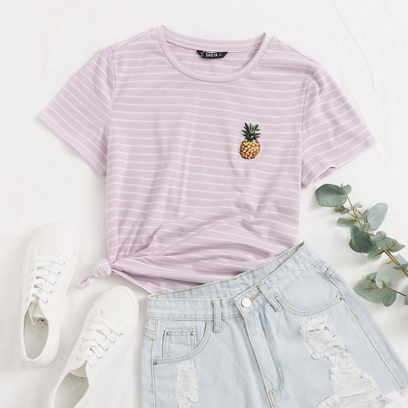 

Embroidery Pineapple Striped Tee, Lilac purple