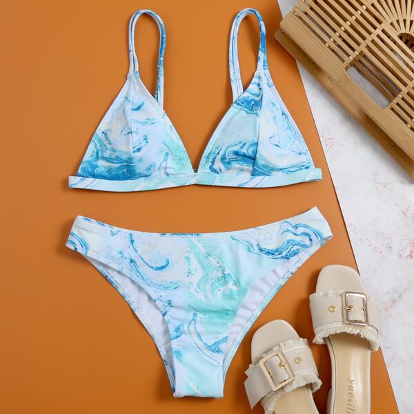 

Marble Print Triangle Bikini Swimsuit, Pastel baby blue