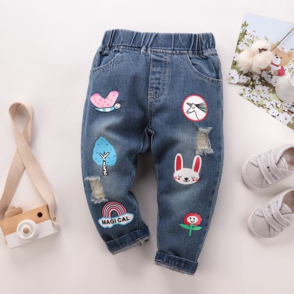 

Toddler Girls Cartoon And Letter Graphic Jeans, Medium wash