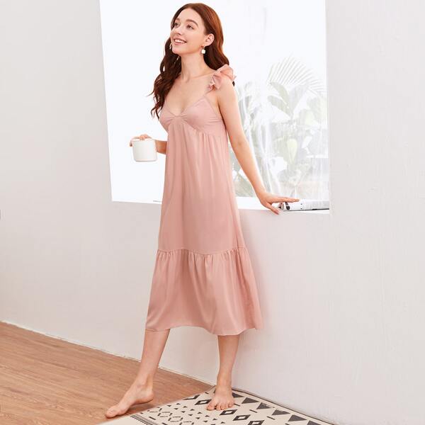 

Solid Ruffle Hem Cami Nightdress, Coral pink