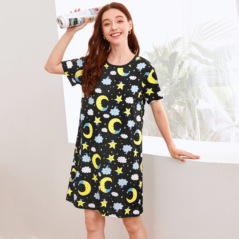 

Moon And Star Print Night Dress, Black