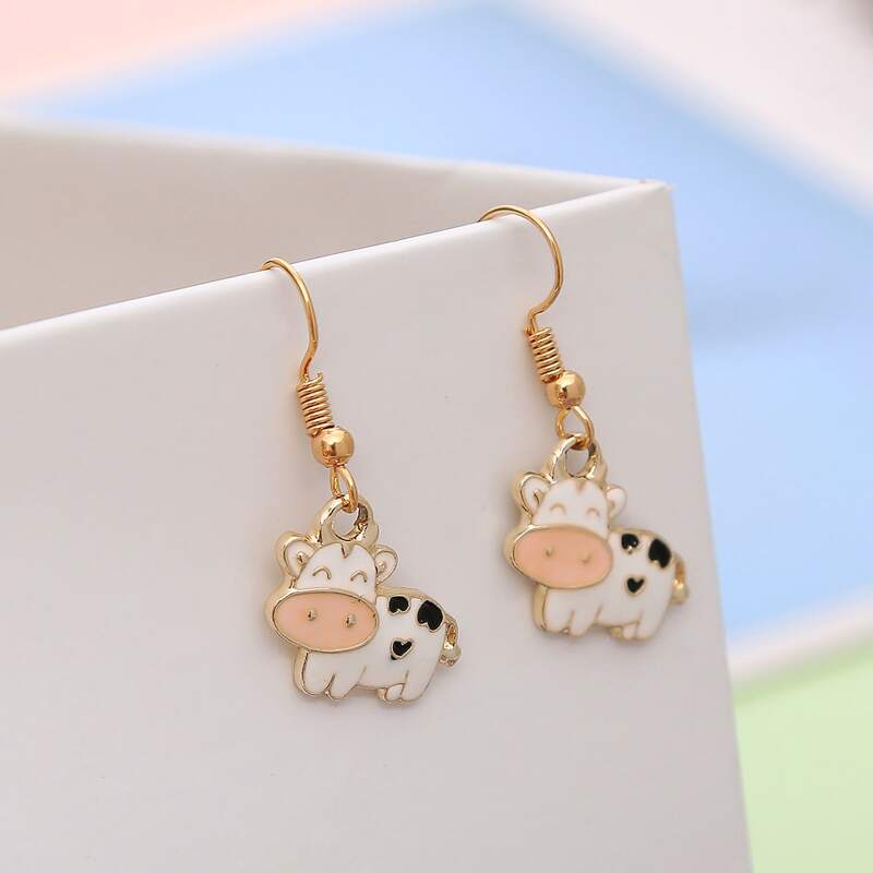 

Cartoon Cow Drop Earrings, White
