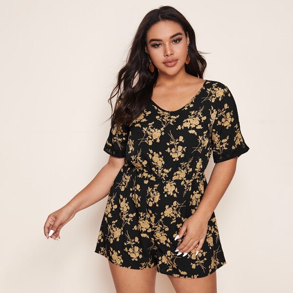 

Plus Lace Trim Floral Wide Leg Romper, Black