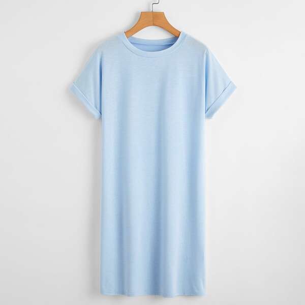 

Rolled Sleeve Solid Tee Dress, Baby blue