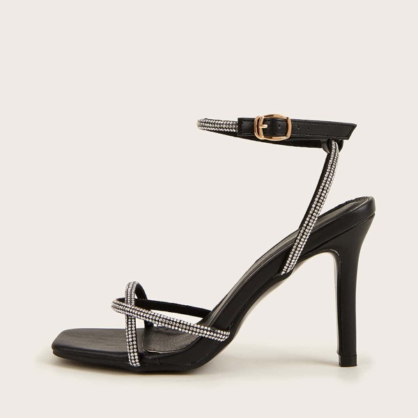 

Rhinestone Decor Ankle Strap Heeled Sandals, Black