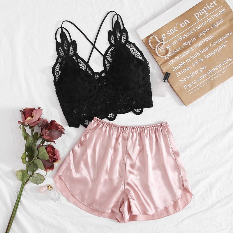 

Guipure Lace Top With Satin Shorts PJ Set, Multicolor